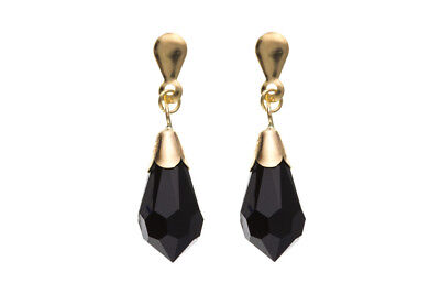 9ct Yellow Gold Black Crystal Drop Earrings Teardrop Hallmarked British Made