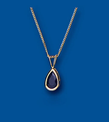Yellow Gold Sapphire Pendant Pear Necklace Hallmarked 18" Chain British Made