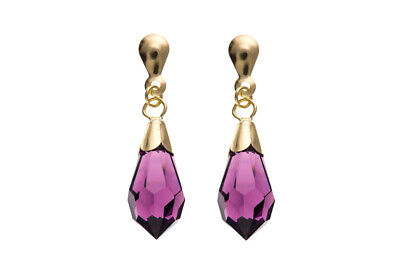 9ct Yellow Gold Amethyst Crystal Drop Earrings Teardrop Hallmarked British Made