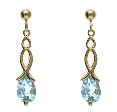 9ct Yellow Gold Blue Topaz Drop Earrings Pear Drops Hallmark November Birthstone