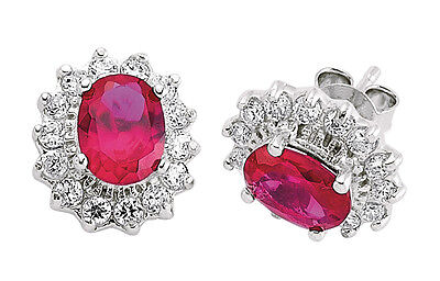Ruby Earrings Cluster Stud Sterling Silver Studs Platinum Plated Oval