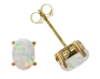 9ct Gold Opal Solitaire Earrings Oval Studs Yellow Gold October Birthstone