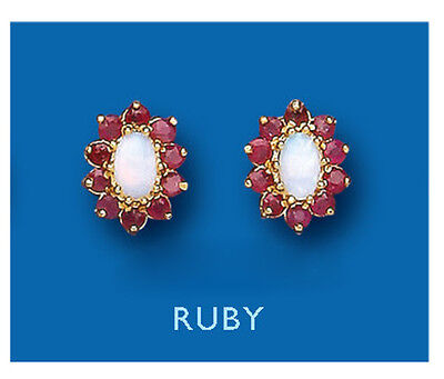 9ct Gold Ruby and Opal Stud Earrings Solid Yellow Gold Hallmarked Studs