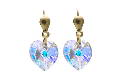 9ct Yellow Gold Crystal Heart Drop Earrings Hallmarked British Made Love