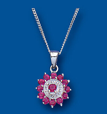 Ruby and Diamond Pendant Solid Silver Necklace Hallmarked