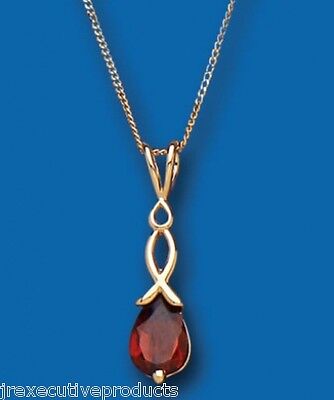 Yellow Gold Garnet Pendant Twist Solitaire 18" Chain Hallmarked British Made