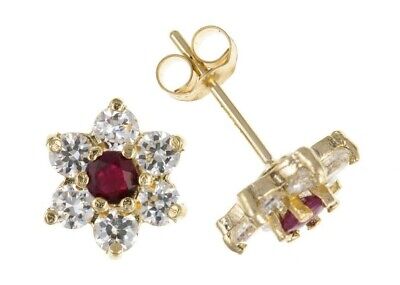Real Ruby Cluster Stud Earrings 9ct Yellow Gold Studs Hallmarked