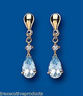 Blue Topaz and Diamond Earrings Yellow Gold Drops Pear Drop Hallmarked