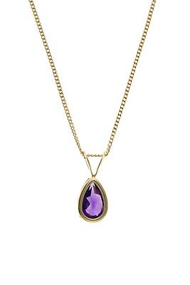 Real Amethyst Pendant Yellow Gold Pear Solitaire 18" Chain Hallmarked British