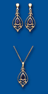 Sapphire Earrings and Pendant Set Solid Yellow Gold Hallmarked Victorian style