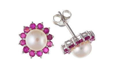 Ruby and Pearl Set Solid Sterling Silver Pendant and Stud Earrings