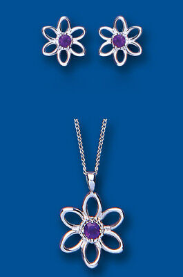 Amethyst Pendant and Earrings Set Solid Sterling Silver Flower Design