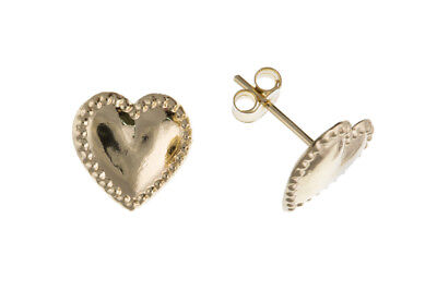 9ct Heart Stud Earrings Beaded Edge Studs Yellow Gold British Made