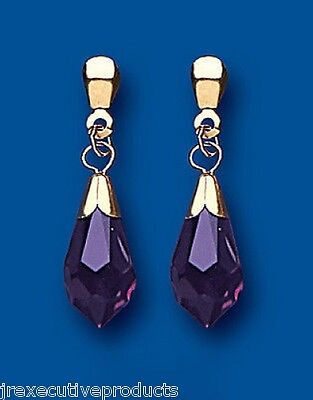 9ct Yellow Gold Amethyst Crystal Drop Earrings Teardrop Hallmarked British Made