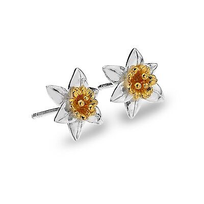 Daffodil Stud Earrings Sterling Silver 925 Hallmarked Gold Detail Studs