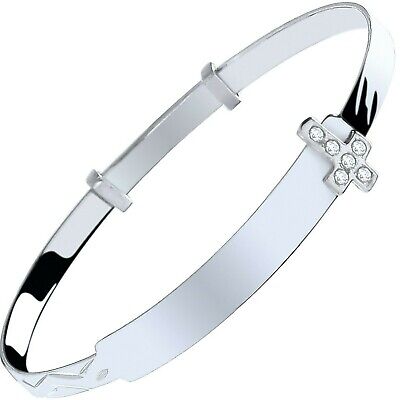 Solid Silver Baby Identity Bangle Cross Expandable British Made 925 Hallmark