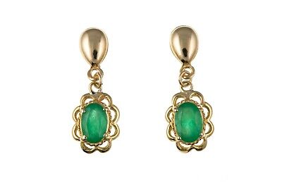 9ct Yellow Gold Emerald Drop Earrings Oval Drops Hallmark May Birthstone