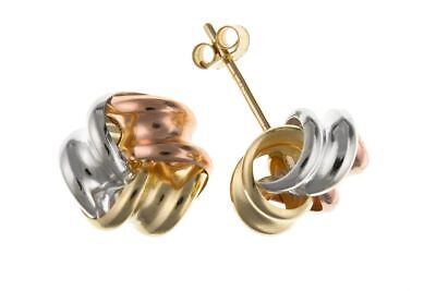9ct Three Colour Knot Stud Earrings Solid Yellow White Rose Gold 7mm Studs
