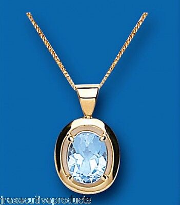 Blue Topaz Solitaire Pendant Yellow Gold 18" Chain Hallmarked British Made