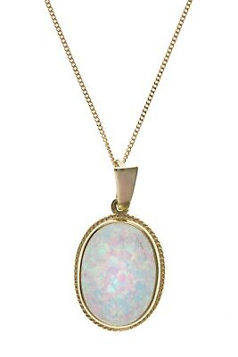Yellow Gold Opal Pendant Oval Solitaire Necklace 18" Chain Hallmarked