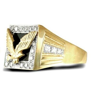 9ct Yellow Gold Gents Real Eagle Ring Black Onyx Hallmarked