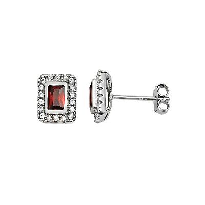 Emerald Cut Garnet Earrings Sterling Silver Stud British Made 925 Hallmark