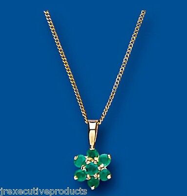 Yellow Gold Emerald Pendant Cluster Necklace 18" Chain Hallmarked British Made