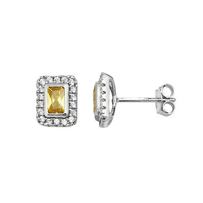 Emerald Cut Citrine Earrings Sterling Silver Stud British Made 925 Hallmark