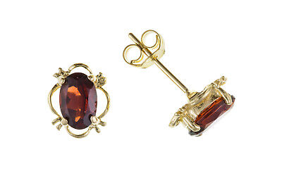 9ct Gold Garnet Oval Earrings Solitaire Stud Yellow Gold January Birthstone