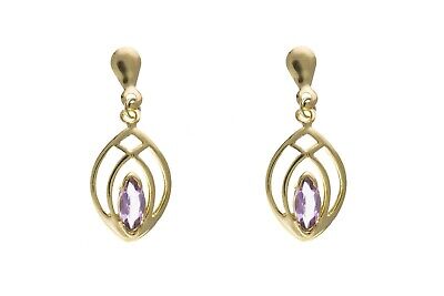 Yellow Gold Amethyst Earrings Marquise Drops Drop Hallmarked Natural Stones