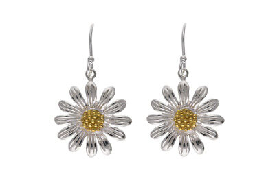 Sunflower Set Solid Sterling Silver Pendant and Drop Earrings Gold Detail
