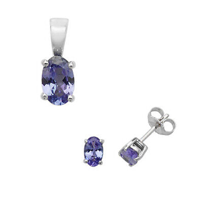 Tanzanite Pendant and Earrings Set Oval Solitaire 9ct White Gold Hallmarked