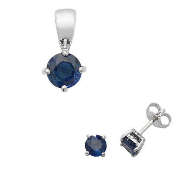 Sapphire Pendant and Earrings Set Classic Solitaire 9ct White Gold Hallmarked