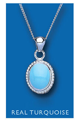 Real Turquoise Oval Pendant Solid Sterling Silver 18" Chain 925 Hallmark
