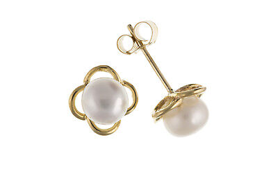 9ct Gold Pearl Flower Stud Earrings Freshwater Bridal Jewellery Wedding Hallmark