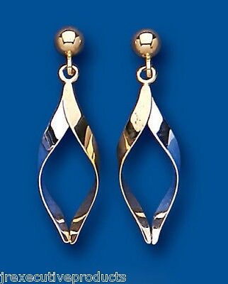 9ct Two Colour Twist Drop Earrings Yellow and White Gold Hallmarked Drops Dangly