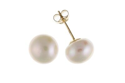9ct Gold Pearl Button Earrings 8mm Stud Freshwater Cultured Bridal Wedding