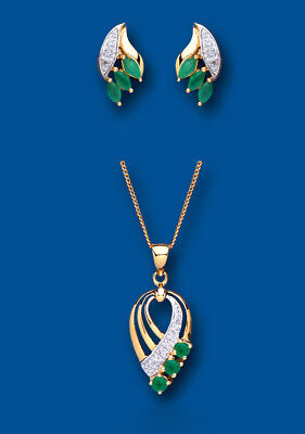Emerald and Diamond Set Pendant and Earrings Yellow Gold