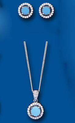 Turquoise Pendant and Earrings Set Solid Sterling Silver Halo Cluster