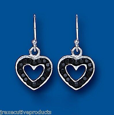 Silver Heart Crystal Earrings Black Austrian Crystals Drop Drops 925 Hallmark