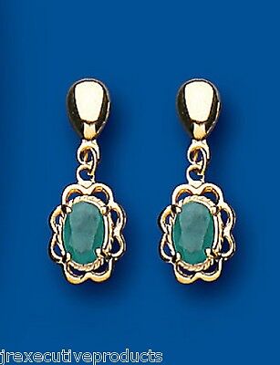 9ct Yellow Gold Emerald Drop Earrings Oval Drops Hallmark May Birthstone