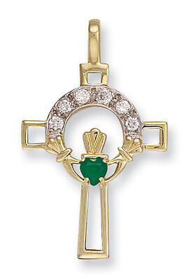 Claddagh Cross Pendant Yellow Gold Green Agate Hallmarked British made