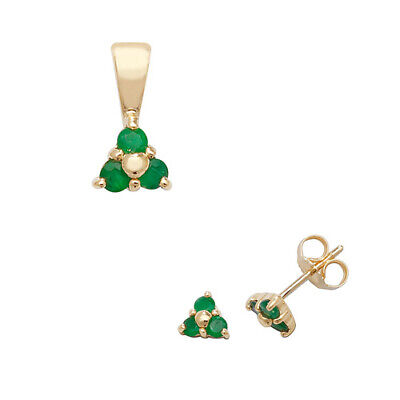 Emerald Pendant and Earrings Set Three Stone Trilogy 9ct Yellow Gold Hallmarked