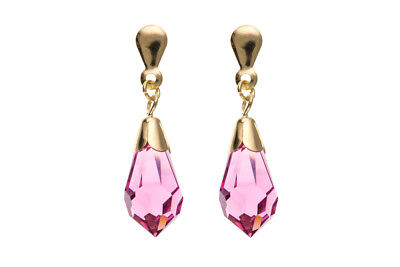 9ct Yellow Gold Pink Crystal Drop Earrings Teardrop Hallmarked British Made