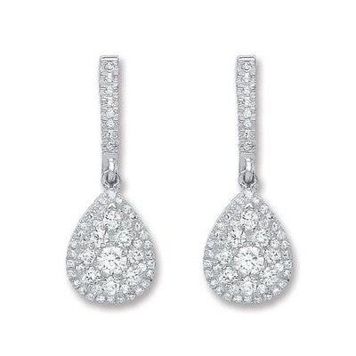 18ct White Gold Natural Diamond Pear Drop Earrings 23mm Halo Dangle Hallmarked