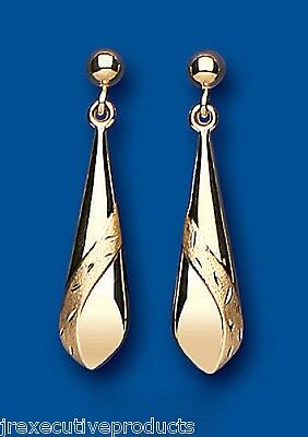 Yellow Gold Satin Bomber Drop Earrings Hallmarked Drops Dangly