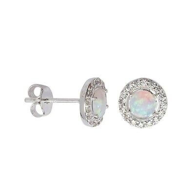 Opal Halo Stud Earrings Sterling Silver Rhodium Plate British Made 925 Hallmark