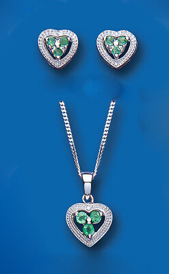 Emerald and Diamond Heart Set Pendant and Earrings Solid Sterling Silver