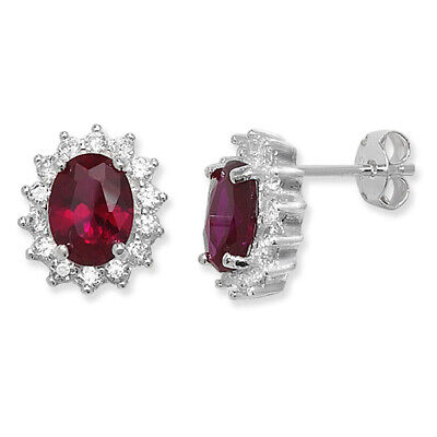 Garnet Cluster Stud Earrings Sterling Silver Rhodium British Made Hallmark 925
