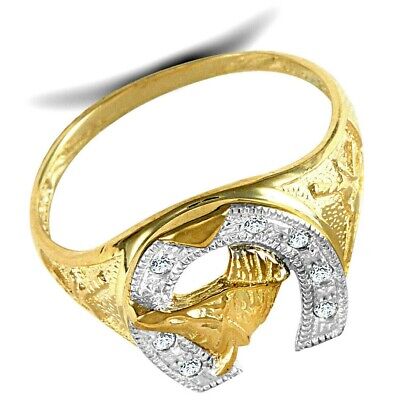 9ct Yellow Gold Cubic Zirconia Horse Shoe Ring Fully Hallmarked